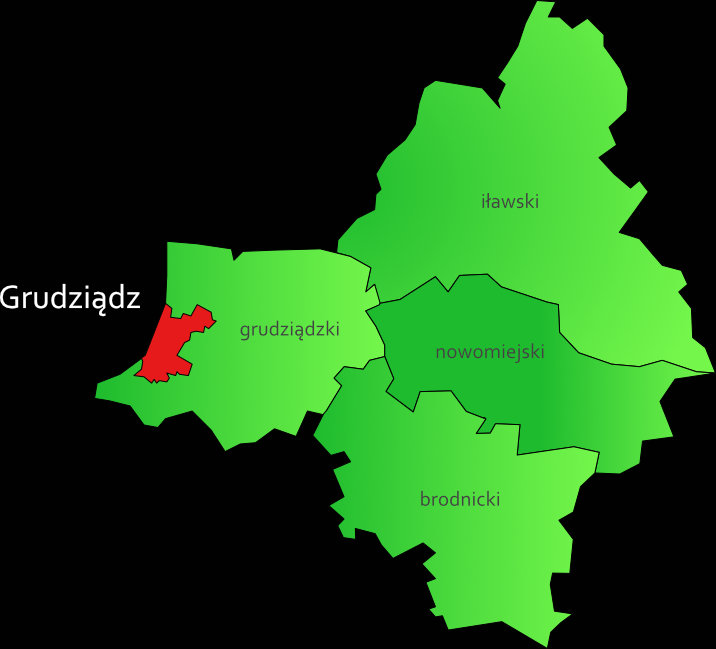 Mapa zakresu działań firmy w ramach powiatu grudziądzkiego, iławskiego, nowomiejskiego, brodnickiego.